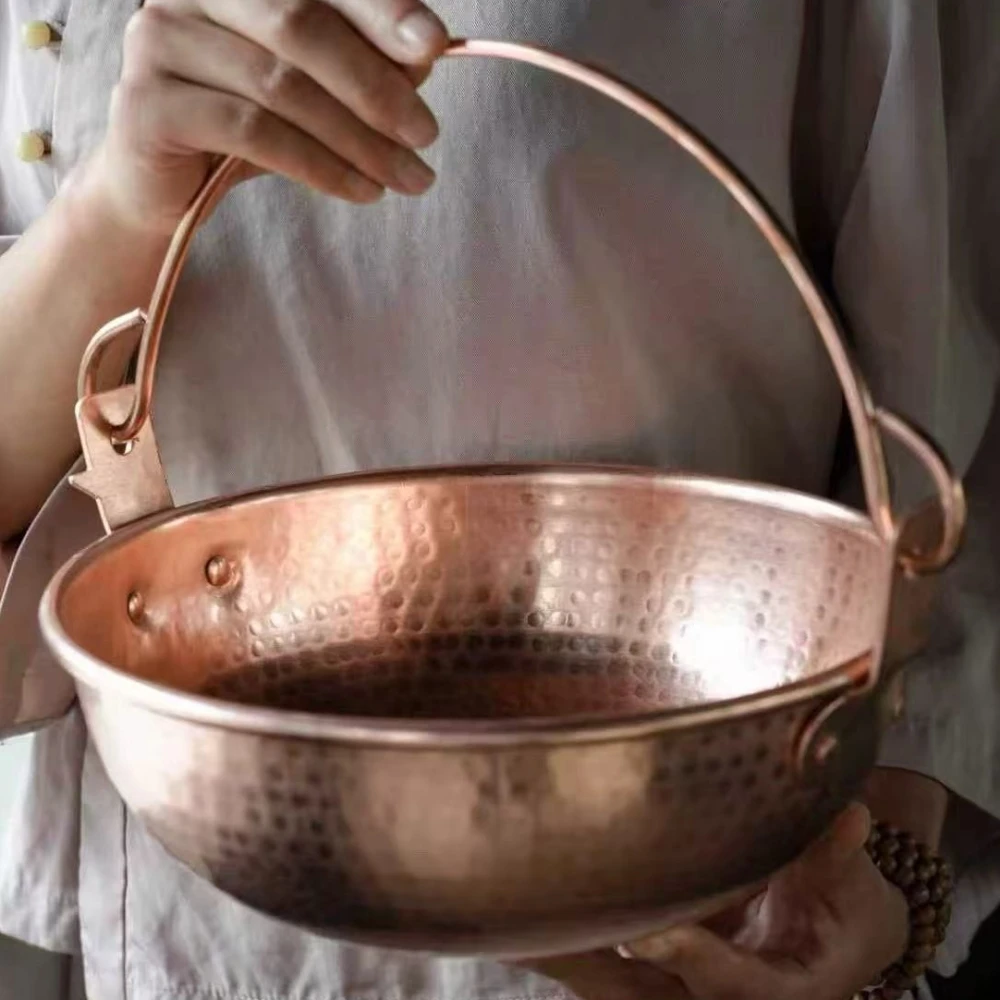 Vintage Copper Hanging Pot,Outdoor Camping Thickened Pot Cooking Utensil Simmering Pasta Stewing,Handcrafted Hammer Texture Pot view 2