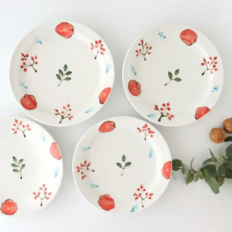 

Hand-Painted MY Home Chef's Ceramic Plate Tea Cup Red Plum Bamboo Wishes Rice Nuts Dinnerware Set Japanese Style 7 Inches