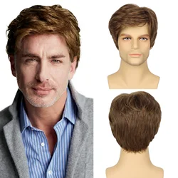 Mens Short Brown Wigs Layered Natural Synthetic Wig Heat Resistant Halloween Costume Cosplay Wigs for Men