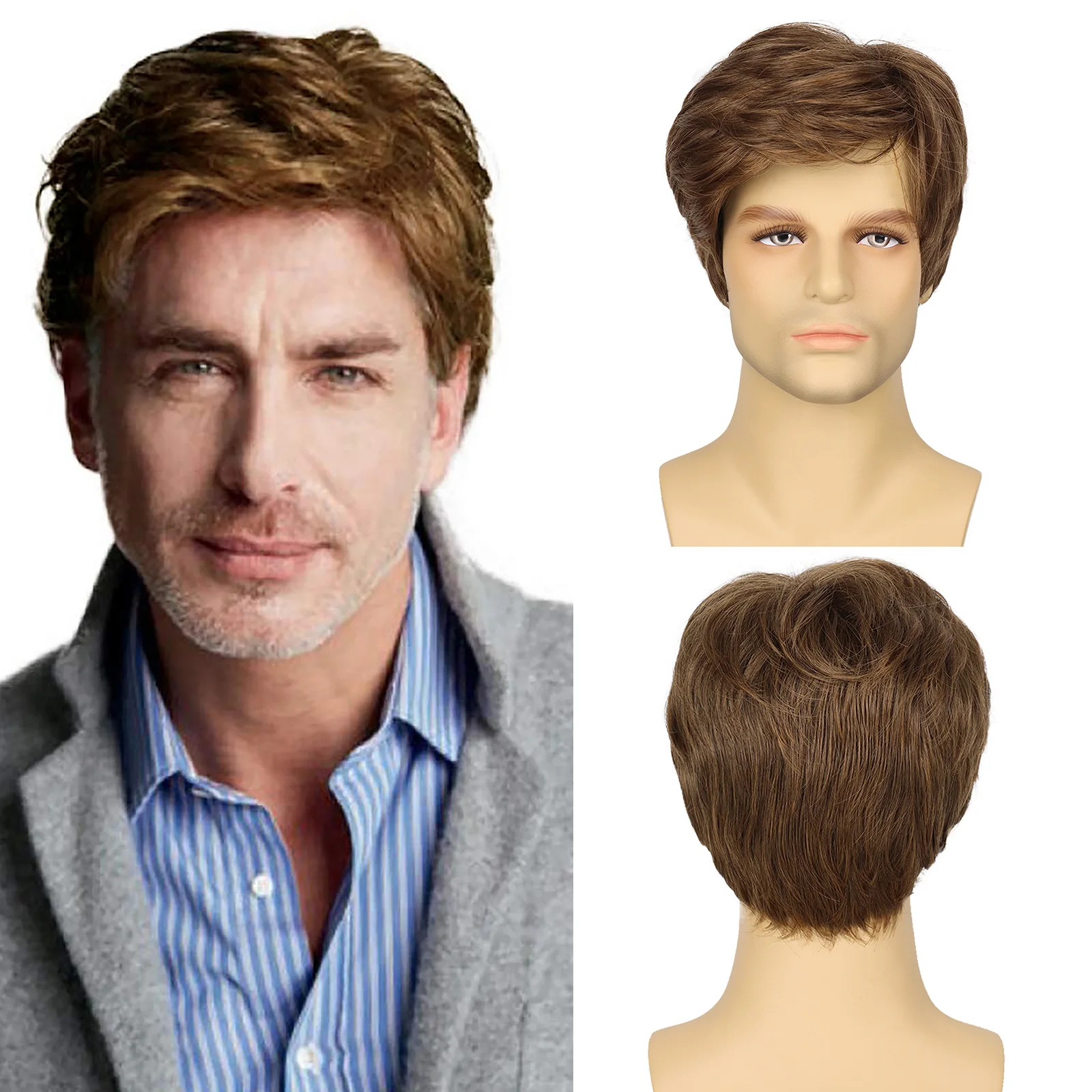 Mens Short Brown Wigs Layered Natural Synthetic Wig Heat Resistant Halloween Costume Cosplay Wigs for Men