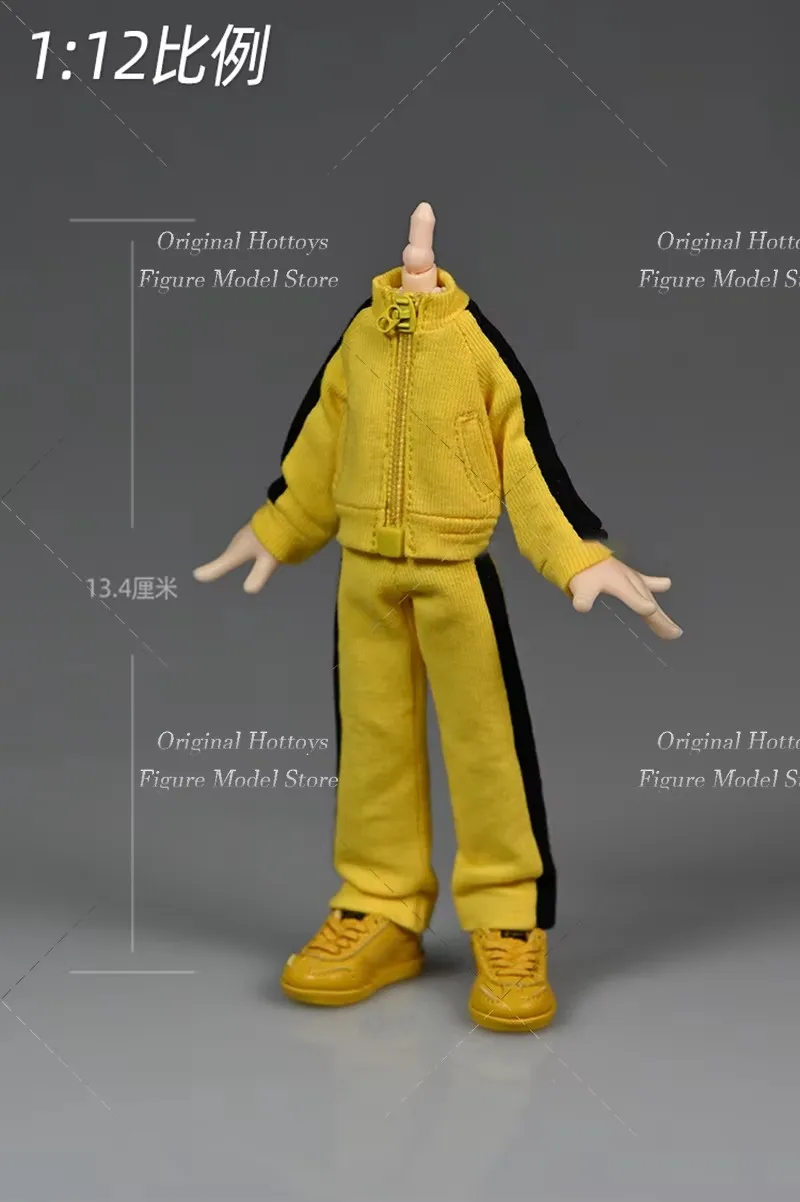 متوفر في المخزون 1/12 مقياس ملابس الجندي الذكور مجموعة ملابس رياضية صفراء معطف قصير السراويل الطويلة لدمية نموذج لجسم العمل 6 بوصة