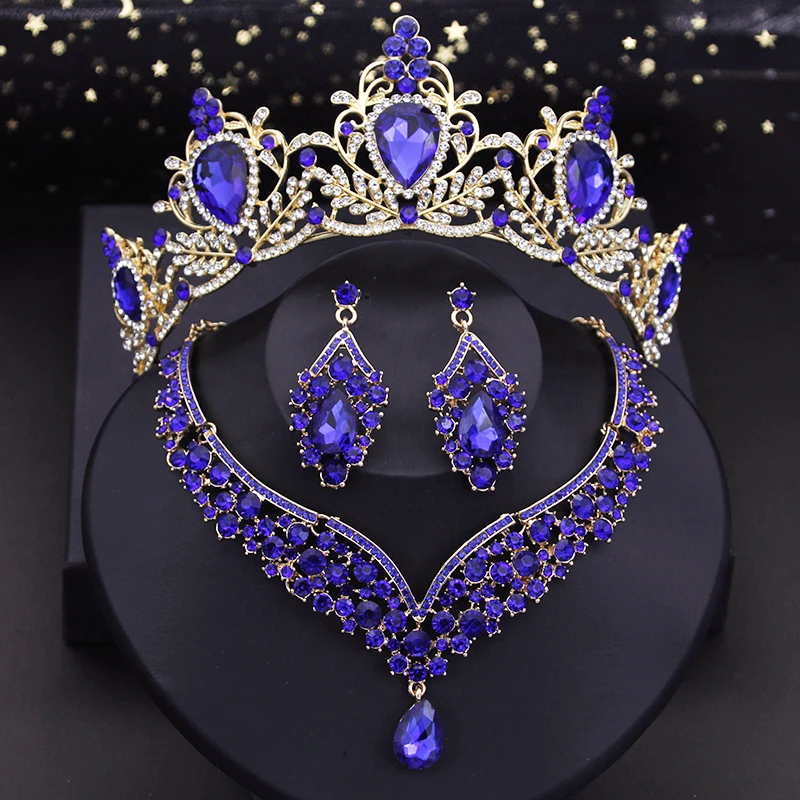 Purple Crown Bride Jewelry Sets Luxury Princess Wedding Tiaras Choker Necklace Set Bridal Earring Costume Jewelry Dubai Sets