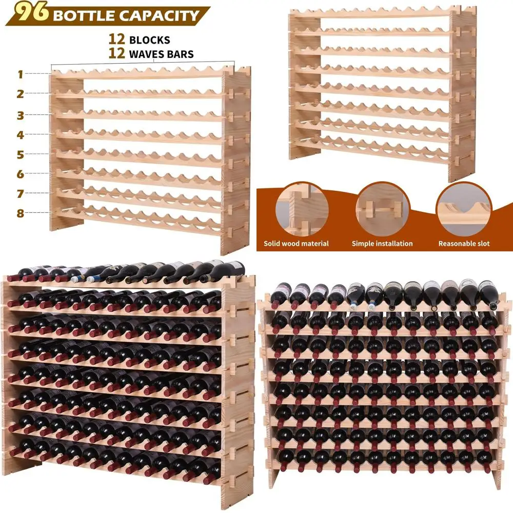 

Stackable Wooden 96-Bottle Wine Rack for Floor Display and Storage