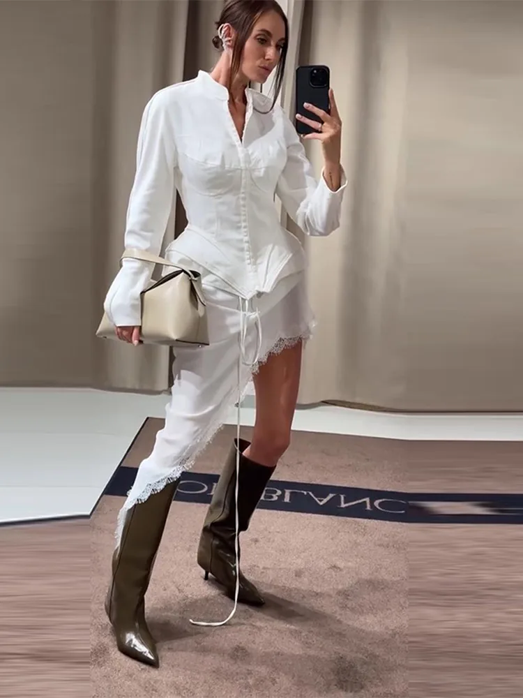 Taillenschnürende Korsett-Tops mit Unregelmäßigem Saum für Damen, Sexy Stehkragen Langarm Slim-Fit Bluse, Frühlings-Neuheit für Bürodamen, Partykleidung – Detail 17