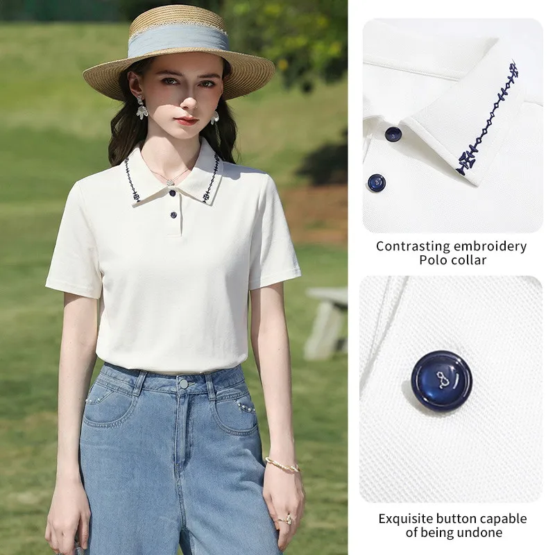 I BELIEVE YOU White Short Sleeved Polo Shirt 2026 Summer New Contrast Color Collar Embroidered Gentle Top For Women 2262016304