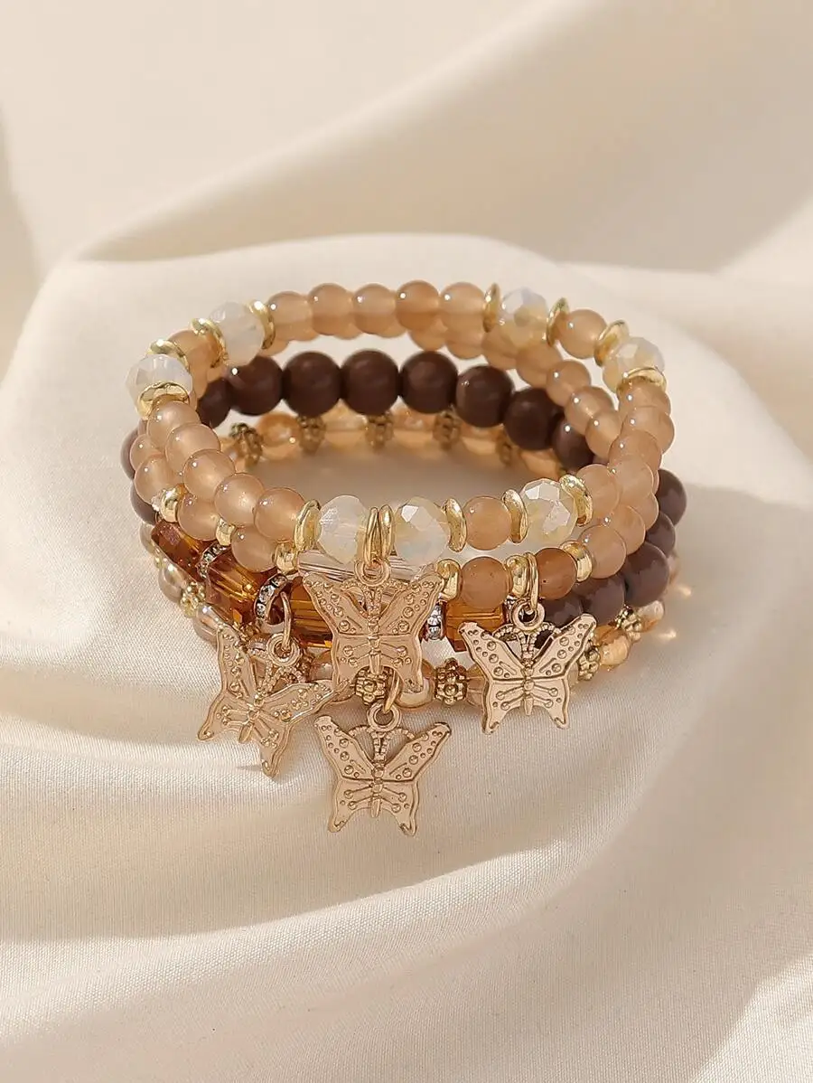 

4pcs Bohemian Style Beaded Butterfly Pendant Elastic Bracelet Set For Women