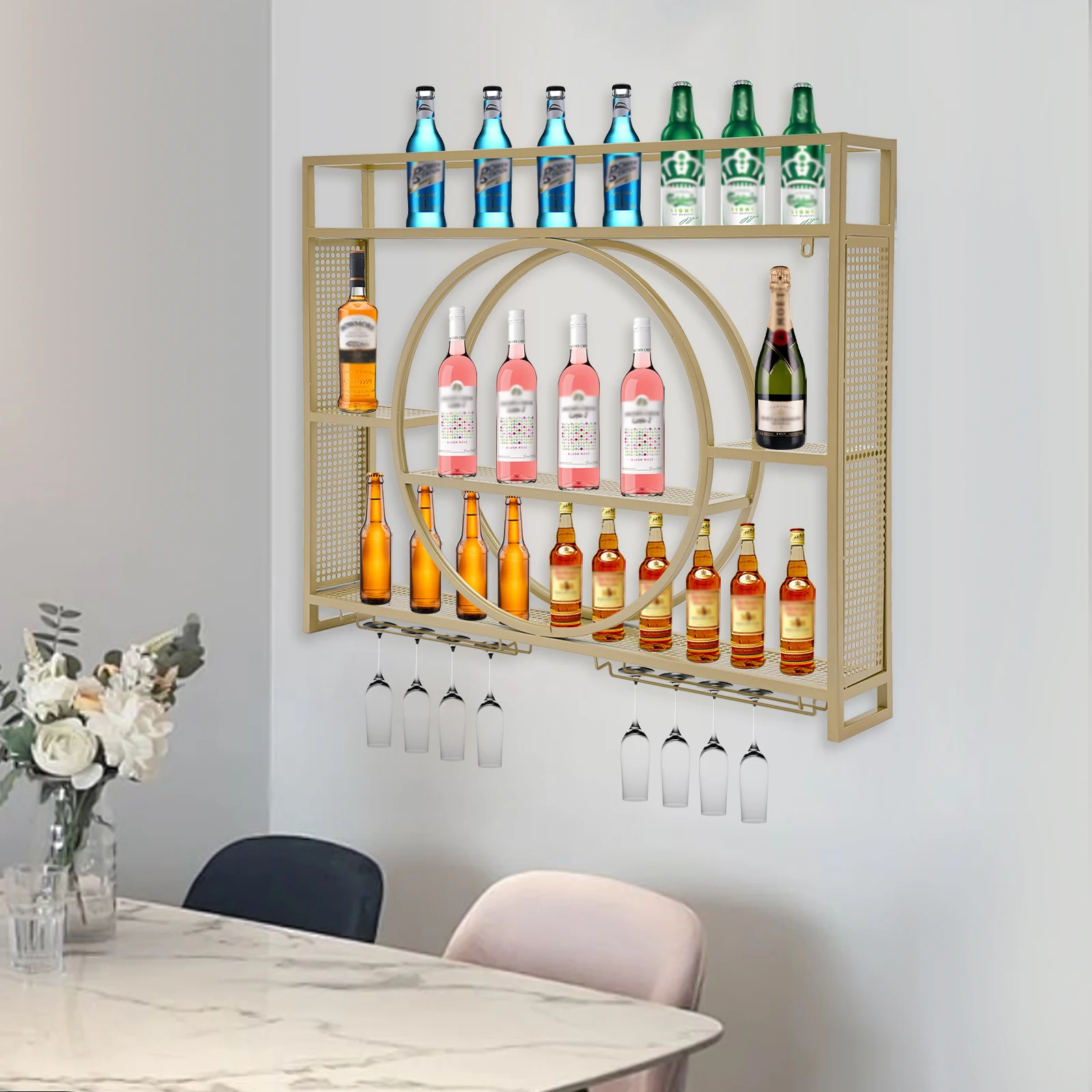 An der Wand montiertes Weinregal, Regale, Vitrine, hochwertige Möbel, elegante Weinständer, Bar im Freien, kompletter Küchenschrank