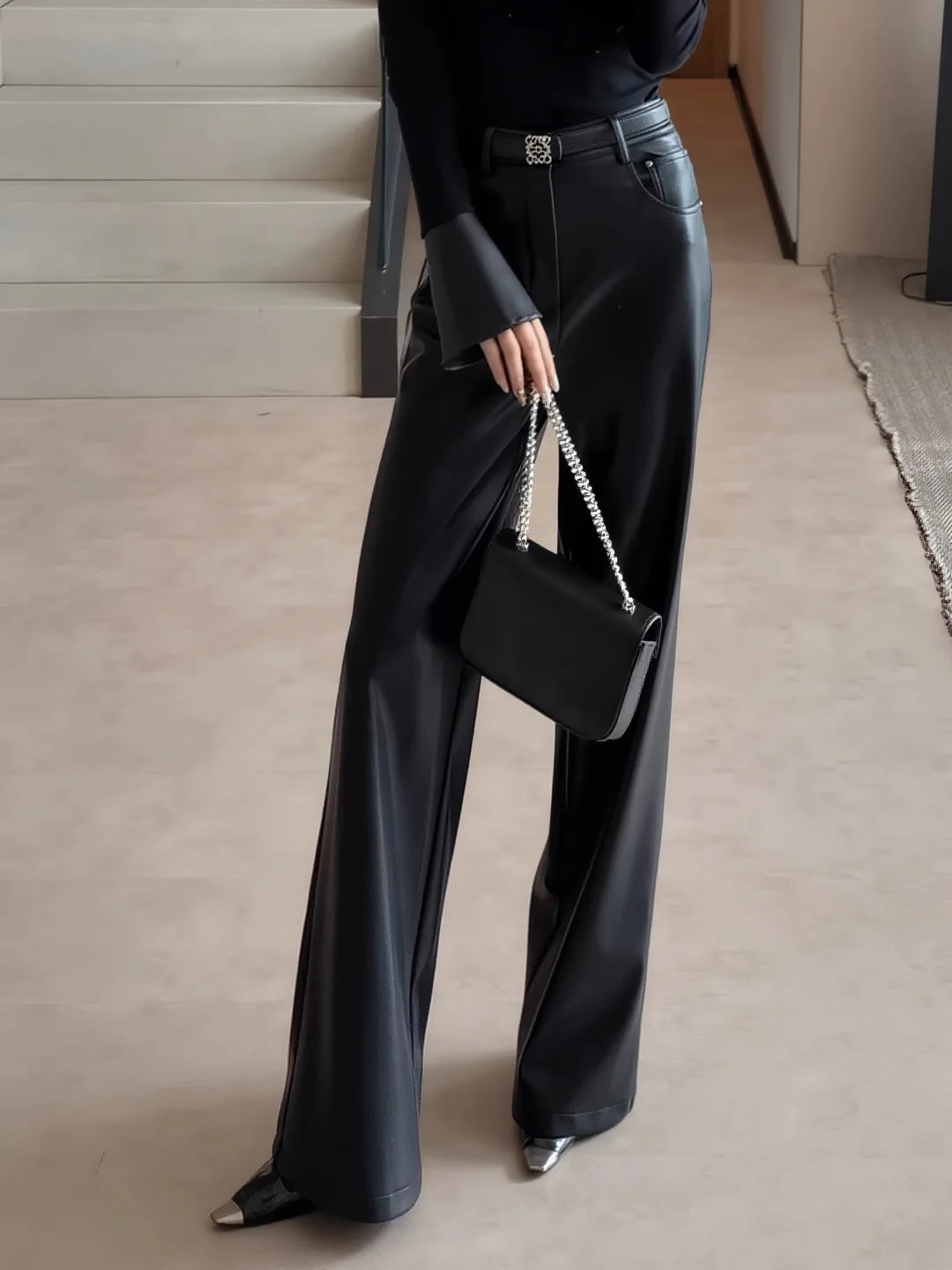 

Зимние женские модные утепленные свободные брюки-палаццо с высокой талией из натуральной кожи, коллекция 2025 года