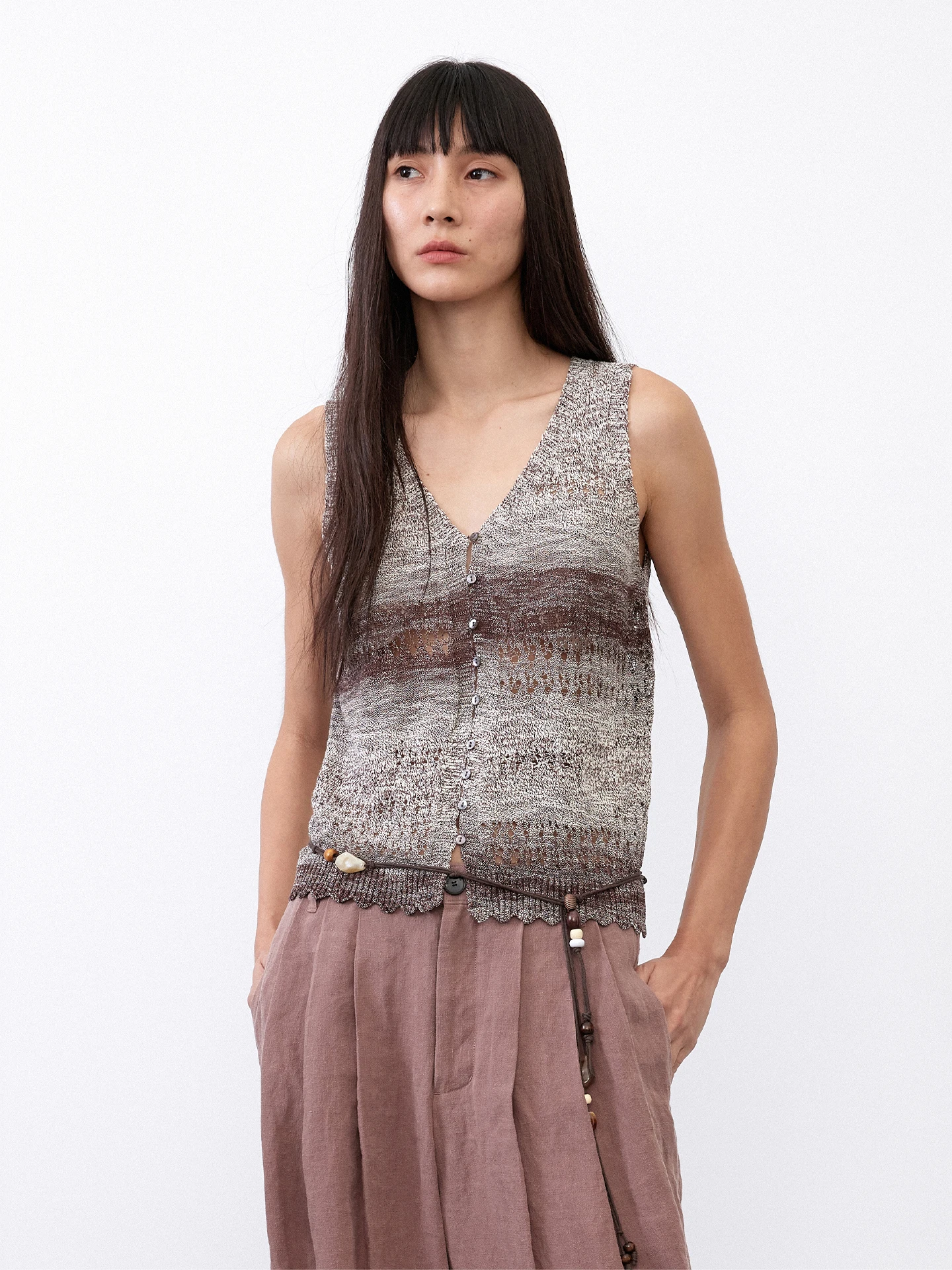 Summer RandomPiece25 Segmented Dyeing Silk Cotton Yarn Knitted Vest Local Hollow Design Women's Fashion Thin Cotton Blend Vest