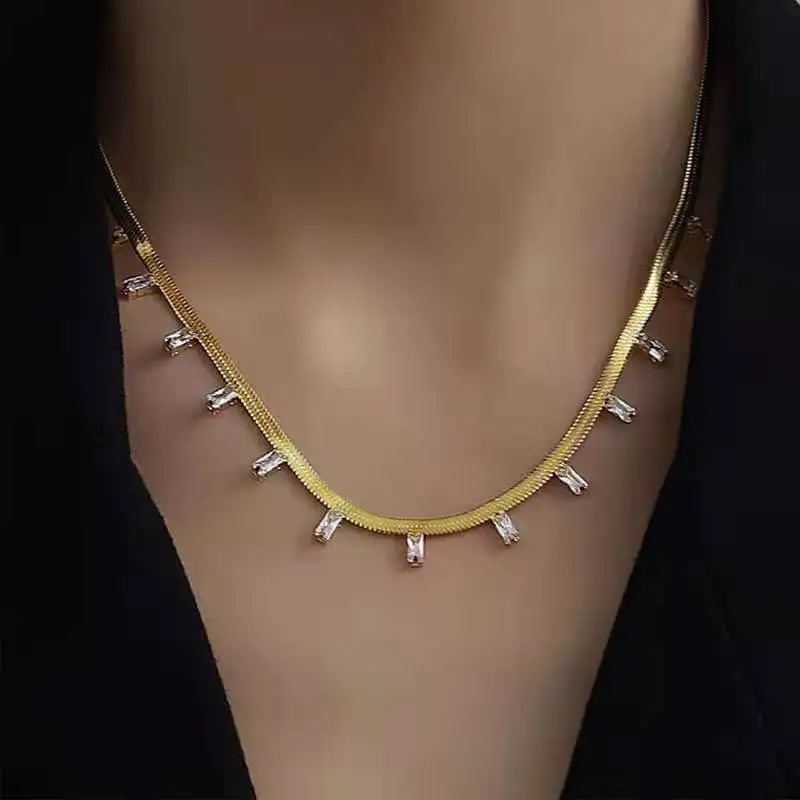 Flashbuy New Cubic Zirconia Snake Bone Chain Stainless Steel Necklaces For Women Charm Gold Plated Waterproof Fashion Jewelry