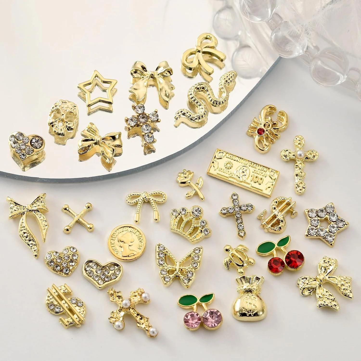 30PCS Large Size Mixed Gold Nail Charms, 3D Rhinestone Alloy Nail Art Decorations for DIY Manicure