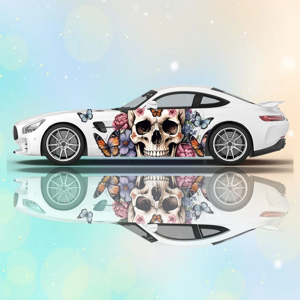 

Flower skull butterfly surround, Indian skull, crack effect large screen splashed ink skull wind gra flower sticker car sticker