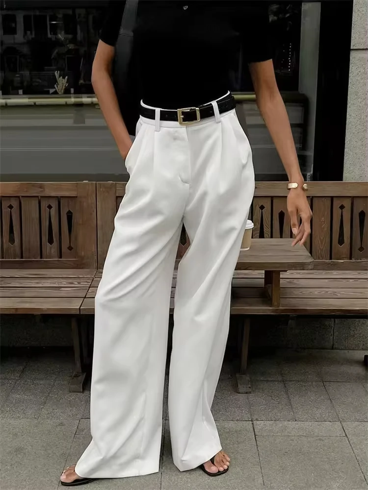 

Fashion High Waist Pocket Women's Pants Y2k Outfit White Patchwork Casual Wide Leg Trousers Autumn Loose Slim Female Pants