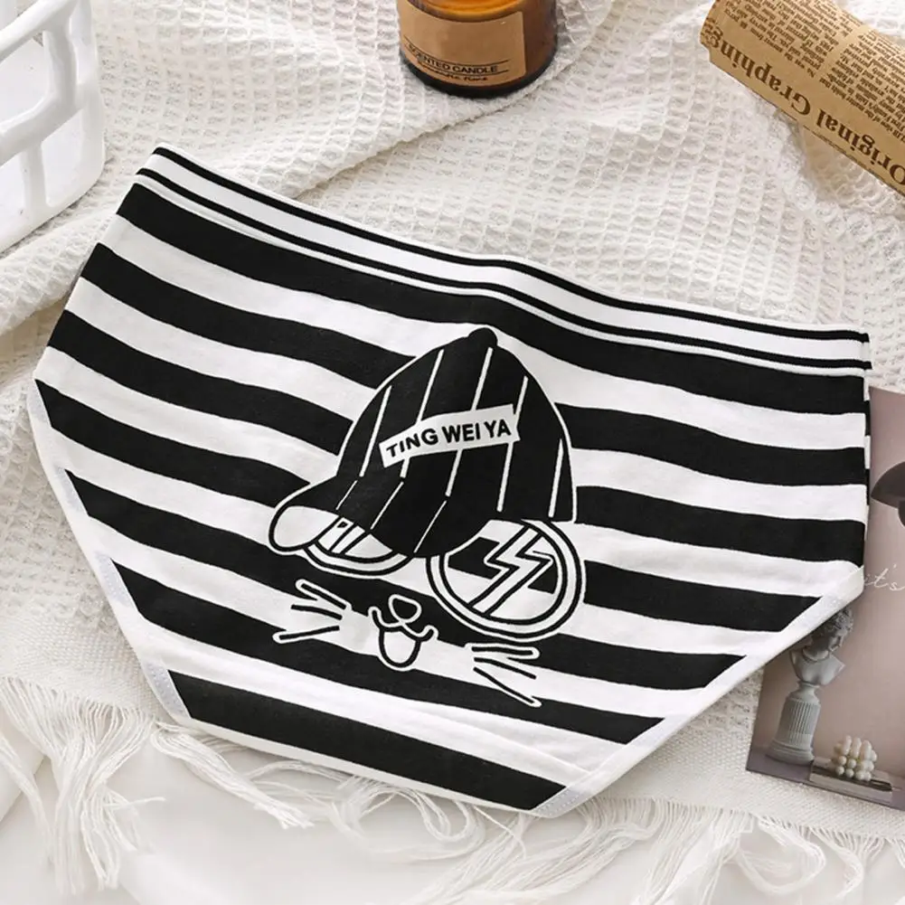 Women Panties Cartoon Print Striped Mid Waist Seamless Student Briefs Japanese Style Breathable Quick Dry Anti-septic Briefs