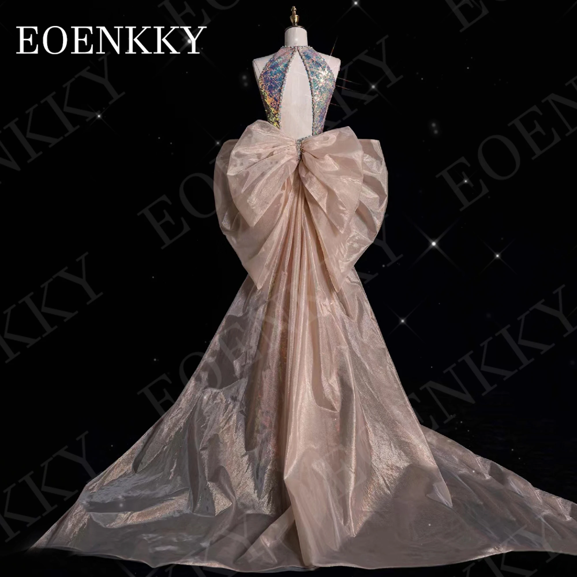 EOENKKY vestido de noche brillante con cuello Halter vestido de sirena lentejuelas de lujo sin espalda vestidos de fiesta de boda tren desmontable sin mangas Halter Shining Evening dress sirena Style lujosas lentejuela