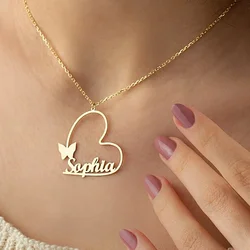 Personalised Heart Butterfly Pendant Choker Custom Name Necklace for Women Stainless Steel Jewelry Valentine's Day Gift for Wife