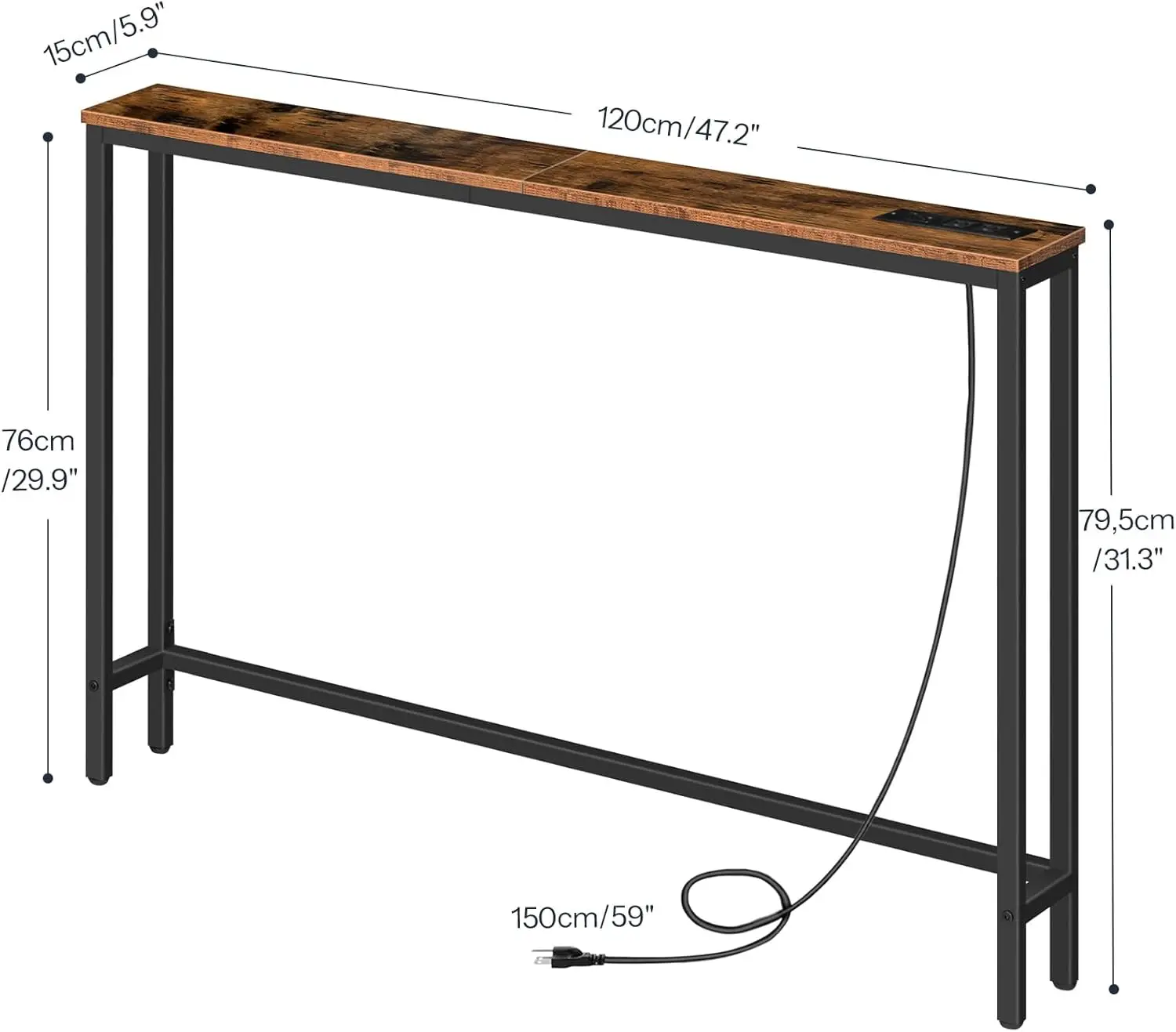 47.2" Narrow Console Table with Power Outlet, Slim Sofa Side Table for Living Room, Hallway, Rustic Brown