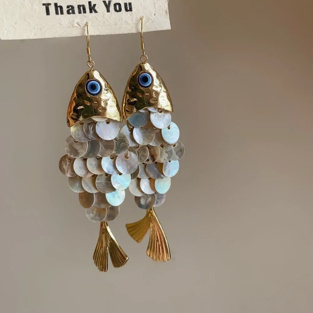 Retro Personality Fish-shaped Earrings Elegant Scaly Imitation Shell Tassel Earrings Ear Hook Design Alloy Dangle Earrings Women