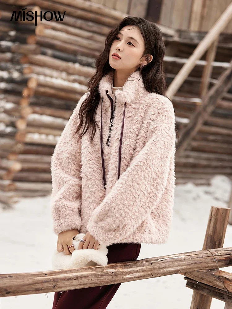 MISHOW Lamb Wool Pullovers Korean Stand-up Collar Half Zipper Sweater Rope Design Adjustable Hem Thickened Warm Tops MXD59V0114