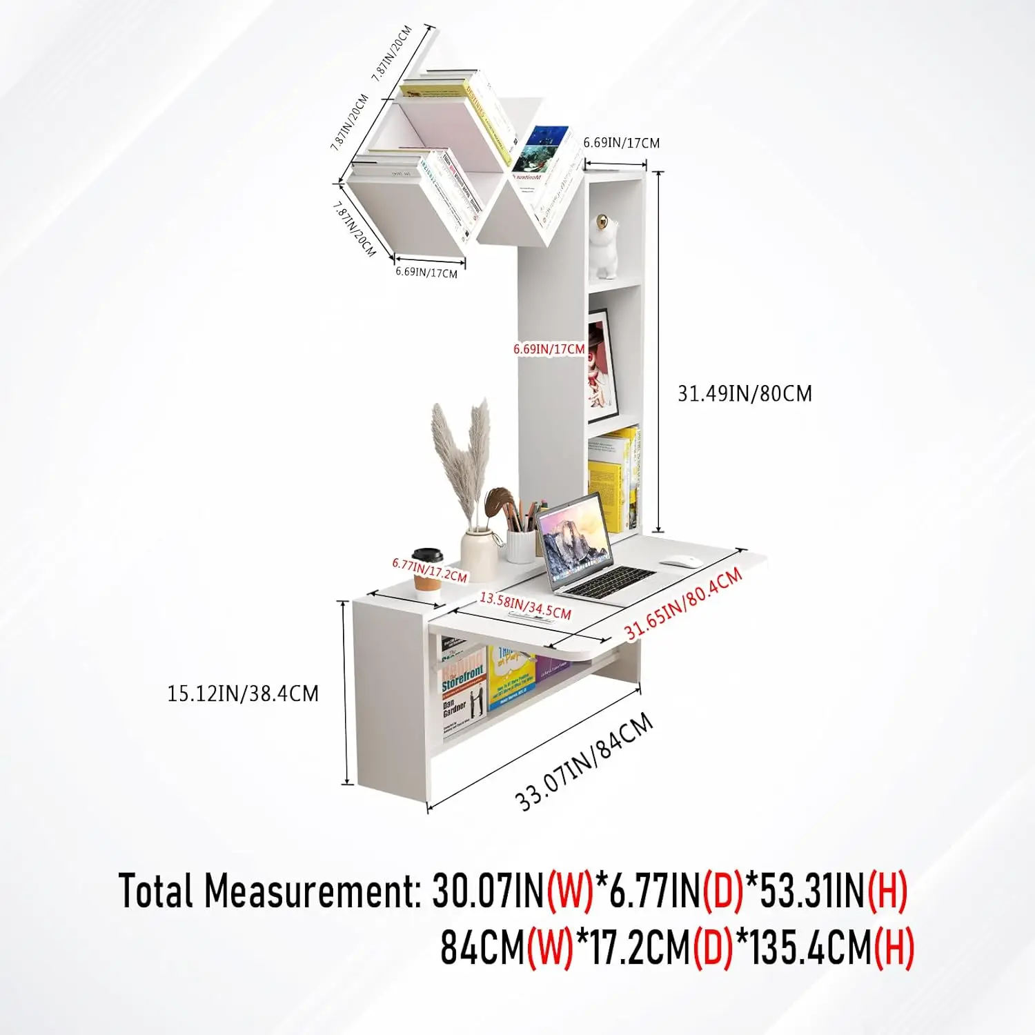 Folding Wall Mounted Drop Leaf Table, Foldable Desk With Moveable Cabinets, Floating Laptop With Convertible Storage Shelves,