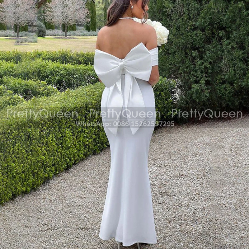 Customized Off Shoulder Mermaid Bridesmaid Dresses With Bow Plus Size Women Long Trumpet White Wedding Party Dress Maid Of Honor