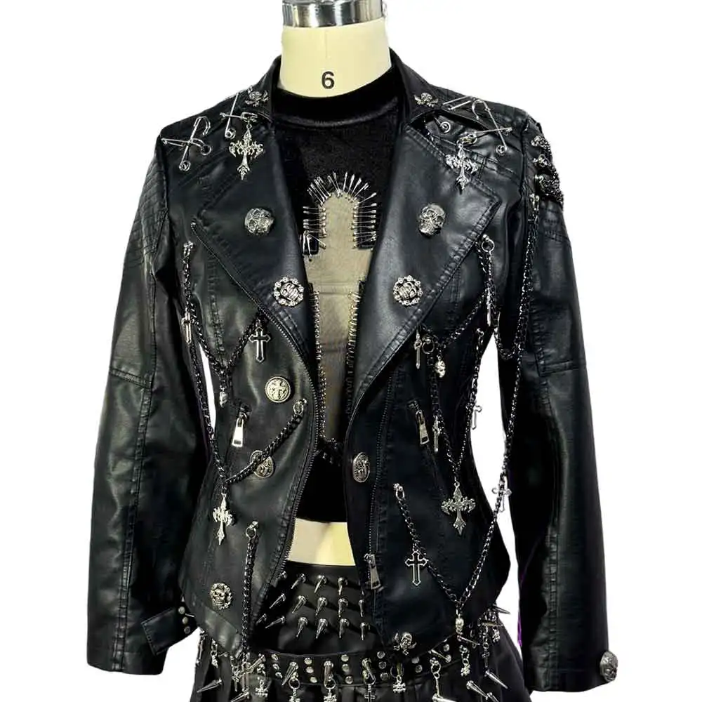 Veste en cuir végétalien Y2K des années 90, manteau avec tête de mort, Harajuku e-girls, broche Punk Rock, chaîne Grunge faite à la main, bricolage gothique Cross Street Wear Emo