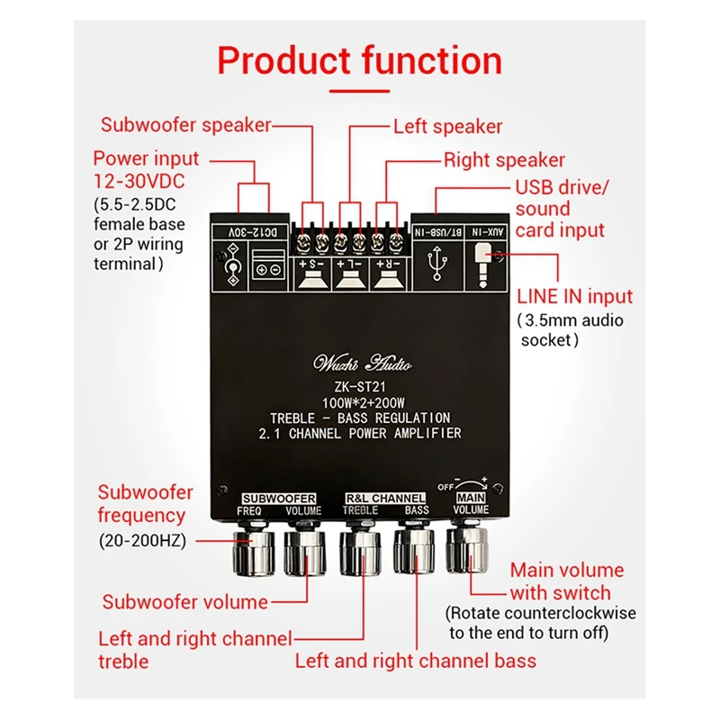ZK-ST21 Bluetooth Digital Amplifier Board Hifi Stereo Amplifier Board 2.1 Channel 100Wx2+200W Subwoofer Chip TPA3221 (C)