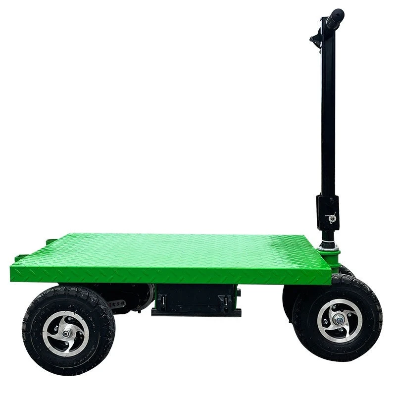 

Folding electric flatbed truck pulling tile trolley