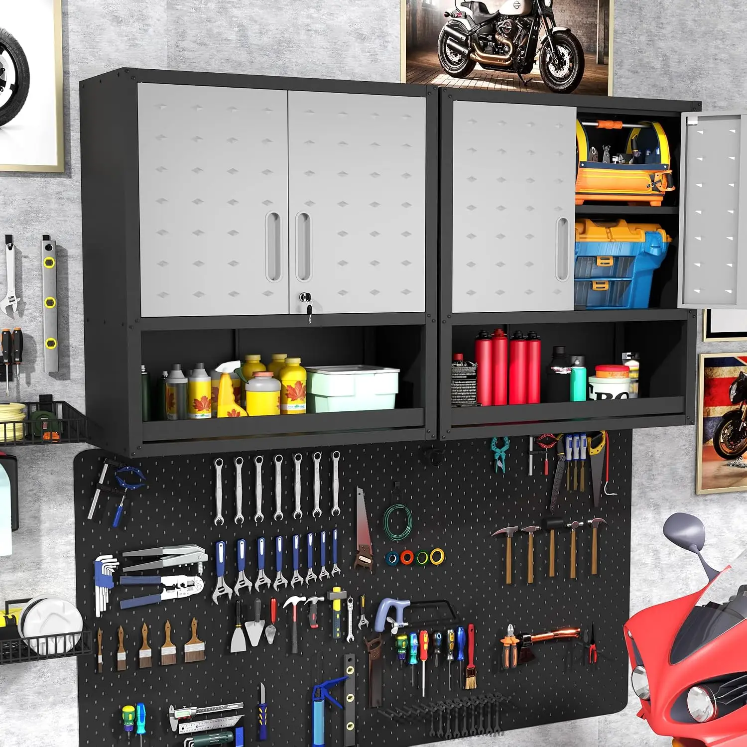 Metal Wall Cabinets with Doors and Shelves Black and Gray Garage Cabinets Wall Mounted Adjustable Storage Shelving Floating Gara