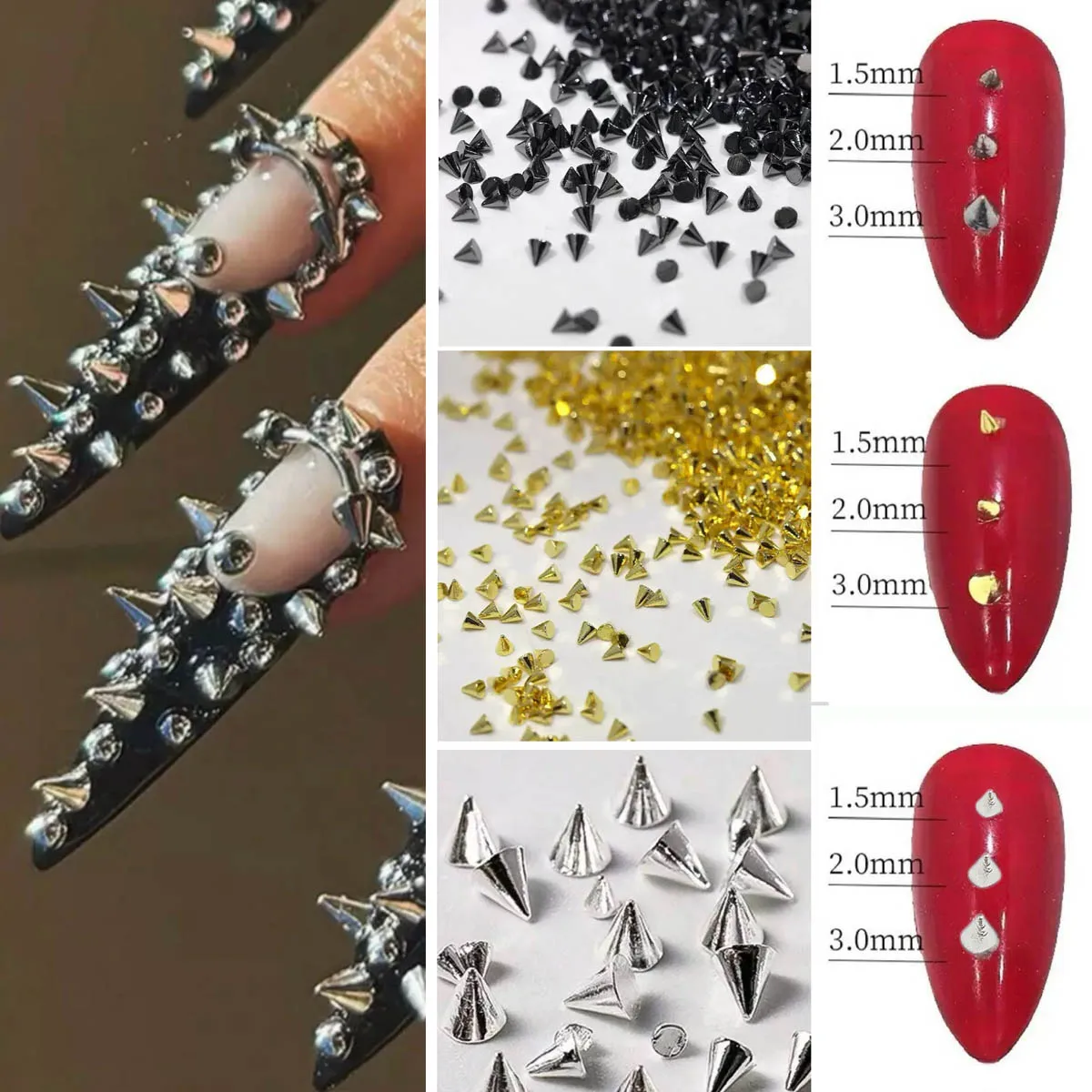 

300PCS New Adorable Mini Triangle Cone Alloy Nail Charms Hot Selling Solid Color Triangle Rivet Nail Art Decorations DIY Nails
