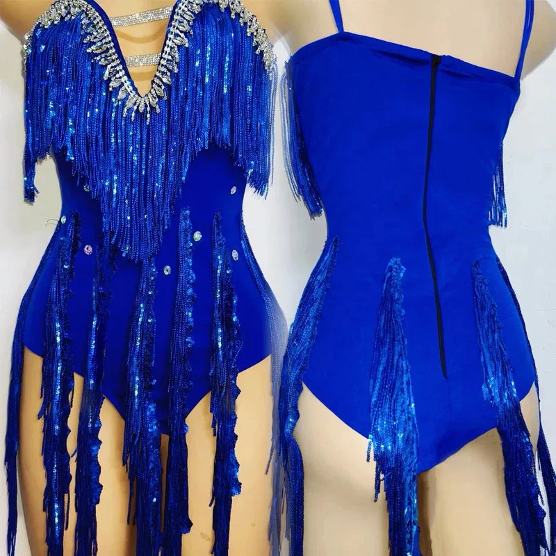 Women Latin Dance Dress Blue Sequins Tassel Rhinestones Bodysuit Samba Ball Performance Clothes Bar Nightclub Sexy Stage Costume