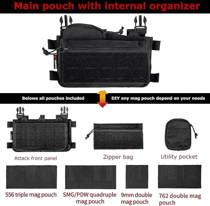 Actical Chest Mini Rig Glaith Magazine Poudres, Poignées réglables, Découpe laser amovible, Molle Modular Chest GlaDulGear