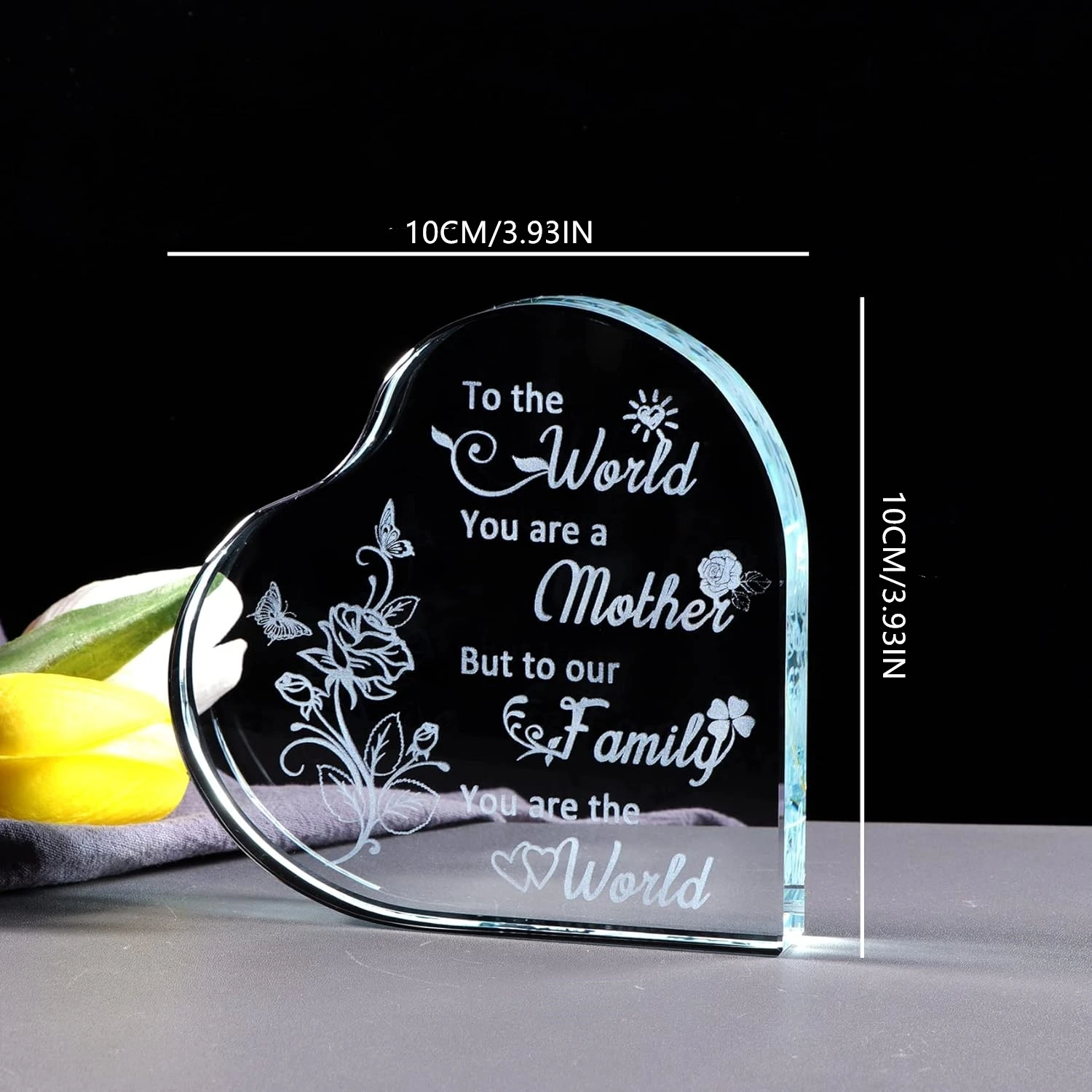 Heart Gift ，Heart-shaped Glass Keepsake Engraved with Love Quote Mothers Day Presents for Mother Plaque Ornaments ﻿