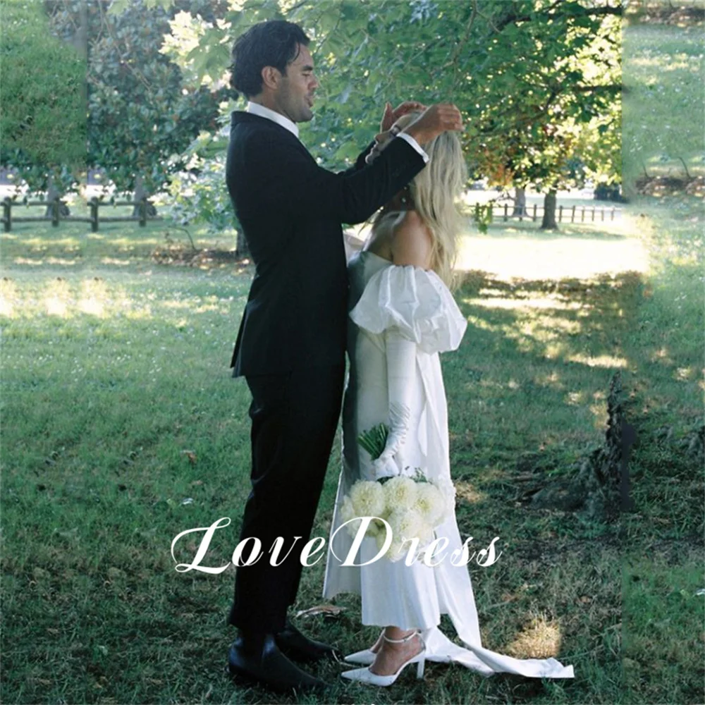 Love Simple Lawn Wedding Dress Mermaid Strapless Stain Wedding Dress Elegant Ankle Length Puff Sleeves Pleats Lace Up Customized