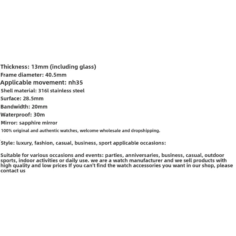 40Mm Waterproof Case 316L Stainless Steel Transparent Case Back for NH35 Sapphire Crystal Diver