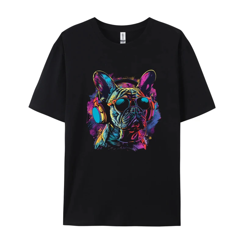 French Bulldog Wearing Headphones DJ T-shirts Latest 100% Cotton Student Tops Shirt T-shirts Camisa Street T Shirt Man