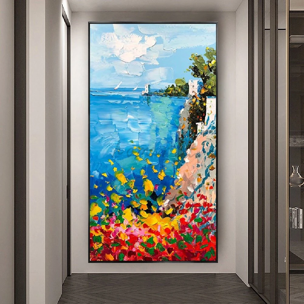 Modern Artist Handmade Mediterranean Sea Oil Painting Green Plant Garden Landscape Artwork on Canvas Wall Decor for Living Room