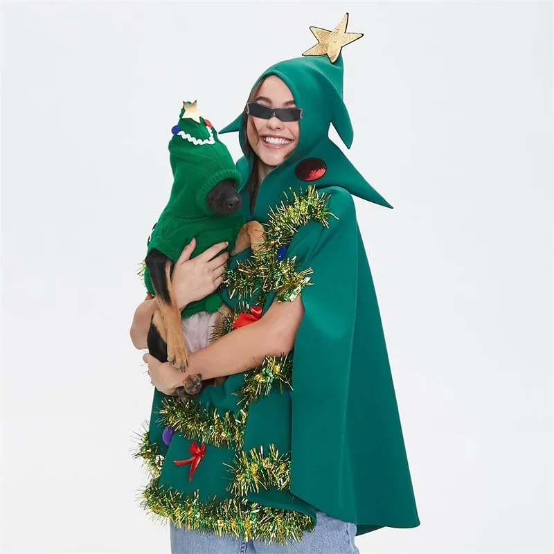 Christmas Tree Poncho Costume Adults Bow Ball Decor Hooded Cloak Cape Party Prop for Cosplay Party