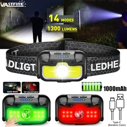 Vastfire Headlamp Rechargeable, Bright Head Lamp with White Red Green, 14 Modes Adjustable Waterproof Motion Sensor Headlight