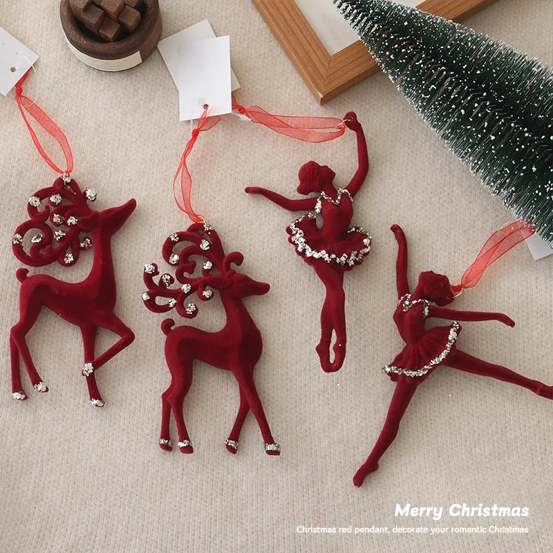Ins Style Red Flocked Snowflake & Candy Ornaments Christmas Tree Window Hanging Pendants Home Holiday Decorations