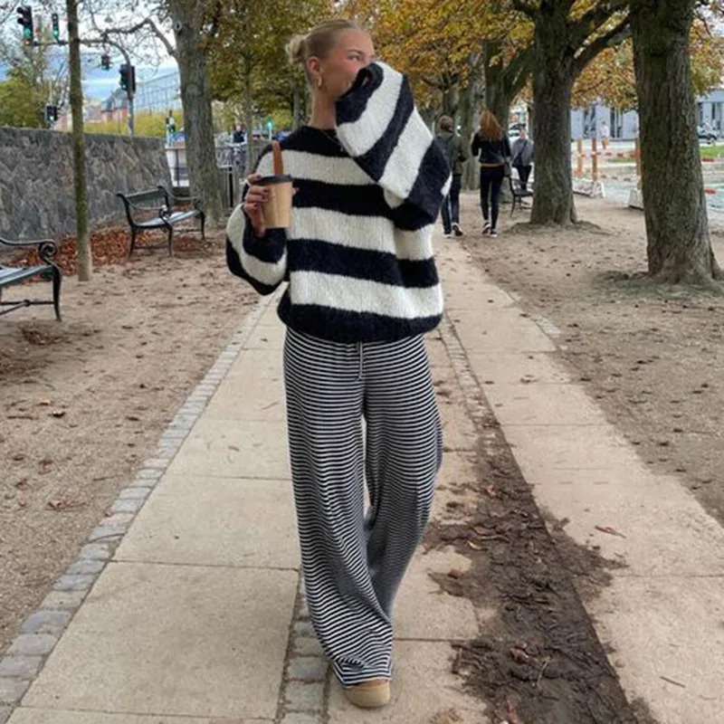 Stripe Drawstring Elastic Low Waist Baggy Sweatpants Women Casual Loose Straight Leg Pants Leisure Summer Streetwear Trousers