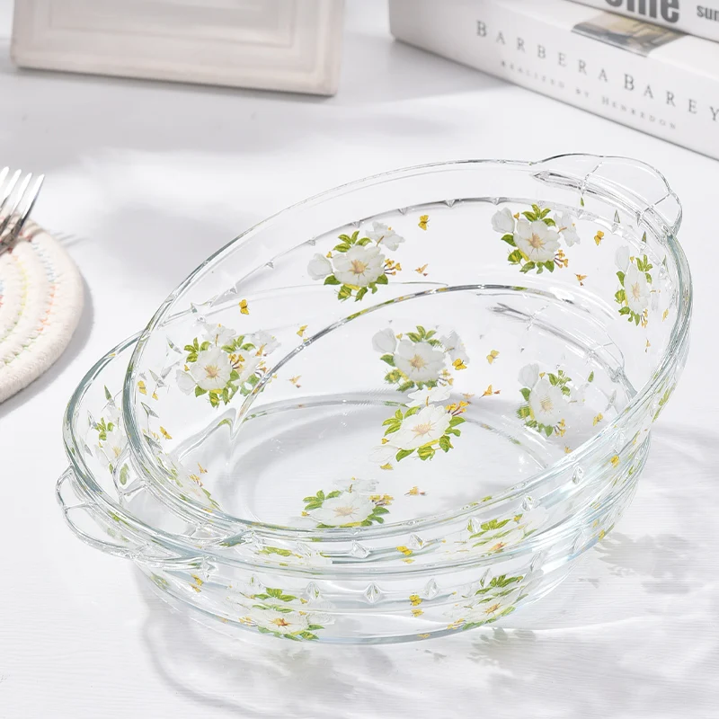 Glass Dinner Plate 8 Inch Vintage White Camellia Tray Large Capacity Food Container Kitchen Supplies Dessert Cake Tableware