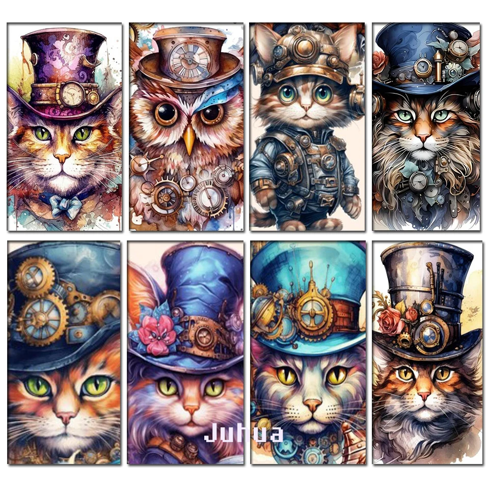 New Full Square Round Diamond Painting Steampunk Fox Cat Owl