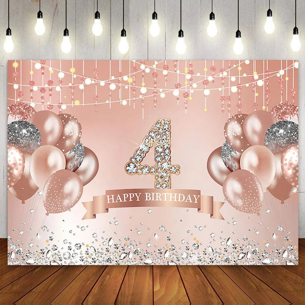 

Happy 4th Birthday Backdrop for Girls Four Years Old Pink Rose Gold 4 Bday Party Decoration Cake Banner Photography Background