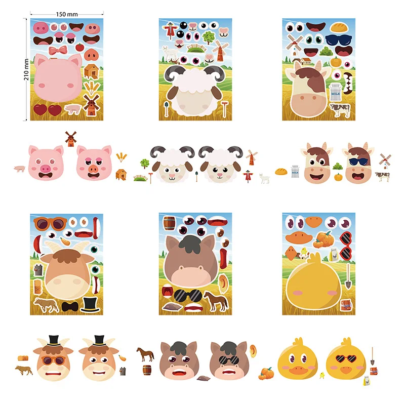 6 Sheets/Set Farm Animals Assembled Sticker Kids DIY Make Animal Facial Expression Stickers Creative Toys Gift