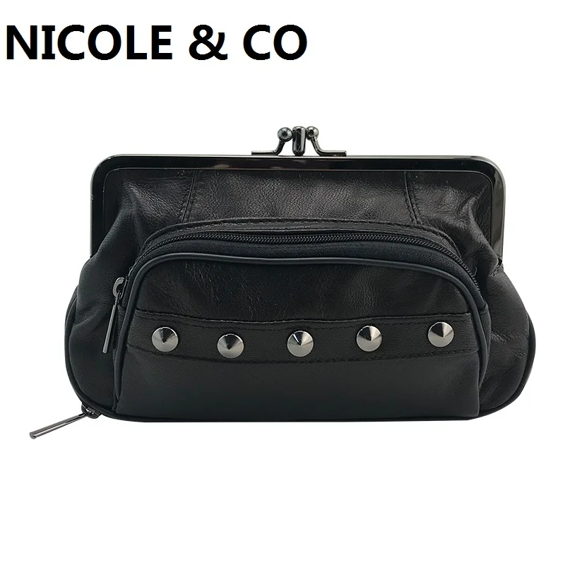 

NICOLE & CO New Genuine Leather Coin Purse Sheepskin Change Metal Hasp Closure Card Holder Rivet Wallets Zipper Small Bag Women