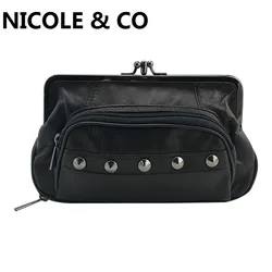 NICOLE & CO New Genuine Leather Coin Purse Sheepskin Change  Metal Hasp Closure Card Holder Rivet Wallets Zipper Small Bag Women