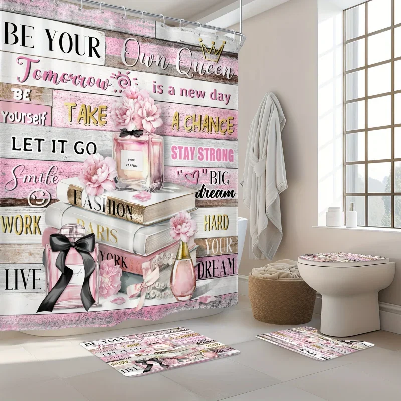 

4 PCs-pink shower curtain set, fashion floral perfume bottle inspirational quotes modern waterproof shower curtain with 12 hoo