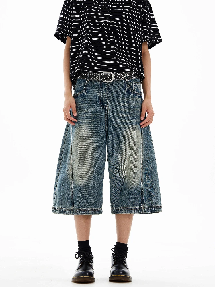 

Летние американские синие джинсы с талией в стиле ретро, мужские свободные прямые брюки с широкими штанинами и семью очками, повседневные молодежные трендовые брюки