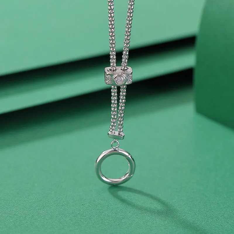 Amxiu Sterling Silver 925  Simple Buckle Running Loop Round Inlaid Pull Fashion Trendy Minimalist Necklace